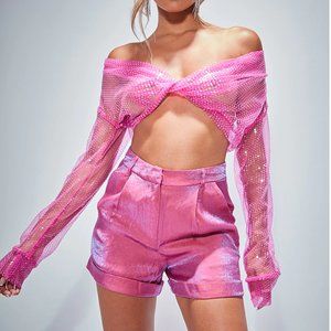 PrettyLittleThing - Pink Sequin Twist Front Shirt